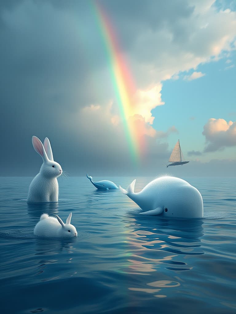  the storm slowly subsided, the sky was clear again, and a rainbow was raised by sea level rise at a distance. white little rabbits and blue whales floating on a quiet sea, with little whales jumping out of the water happily, and the beautiful and peaceful sea beneath the rainbow