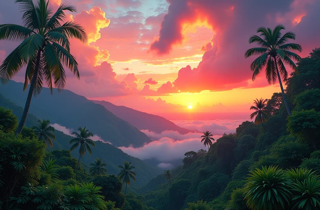  a vibrant tropical landscape with a lush, green jungle canopy in the foreground and a breathtaking sunset sky in the background. the sky is filled with dramatic, colorful clouds in shades of orange, pink, and purple. in the distance, a hazy valley or mountain range can be seen. the overall scene has a dreamlike, fantastical quality hyperrealistic, full body, detailed clothing, highly detailed, cinematic lighting, stunningly beautiful, intricate, sharp focus, f/1. 8, 85mm, (centered image composition), (professionally color graded), ((bright soft diffused light)), volumetric fog, trending on instagram, trending on tumblr, HDR 4K, 8K