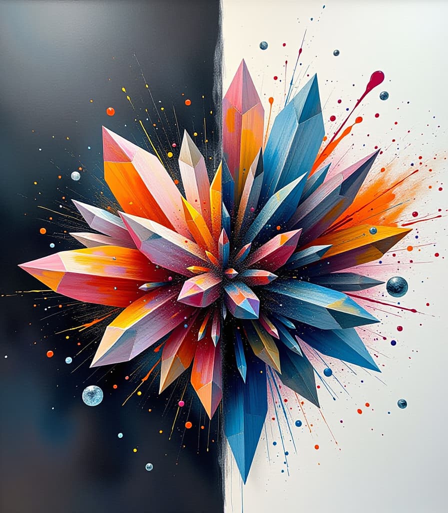  (masterpiece, best quality, high resolution, photo realistic:1.4), surreal diptych artwork, split in half, featuring a fractal crystal explosion on the left side, with shards and splashes of color, spray and crystal druse on the right side, in a balance of order and chaos, reminiscent of a bauhaus poster, created with acrylic paint and splattering ink drawing, with a double exposure effect, in the style of abstract art, with intricate details, delicate brushstrokes, vibrant colors, and a dynamic composition, showcasing the explosion of crystalline structures amidst a kaleidoscope of colors, with the right side of the artwork displaying a calming, serene environment, contrasted with the chaotic explosion on the left, highlighting the harmony