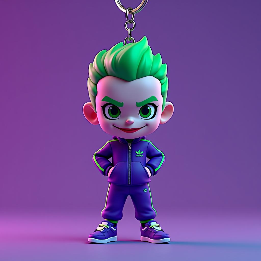  a 3d illustration of a keychain featuring a chibi joker wearing purple tracking suit adidas and green stripes, trendy shoes. the keychain is in a neon green and purple lighting in studio photography. the illustration has dynamic lighting and vivid colors.