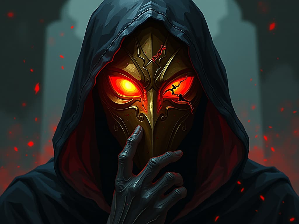  figure with golden mask cracking, dim light exposing hidden cracks, sense of false hope and facade breaking. the style is digital art illustration / modern comic book / graphic dark novel fantasy and mysterious occult, symbolic, moody lighting, esoteric vibe,high detail on character design. for the color scheme emphasize blacks and reds.