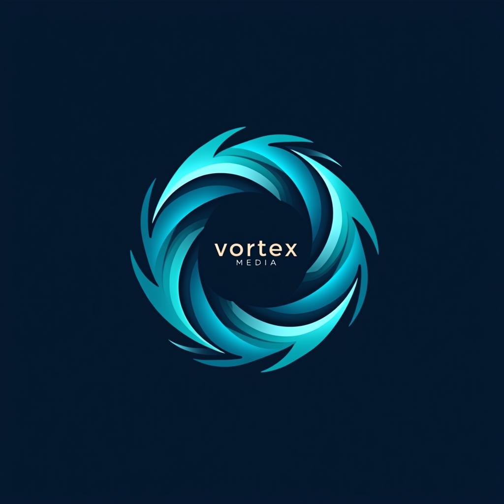  design a logo, a company logo with a circular vortex logo, clean beautiful design, simple, beautiful aesthetic, duotone blue and teal on white background, sharp, clean lines, hurricane, with the text 'vortex media'.