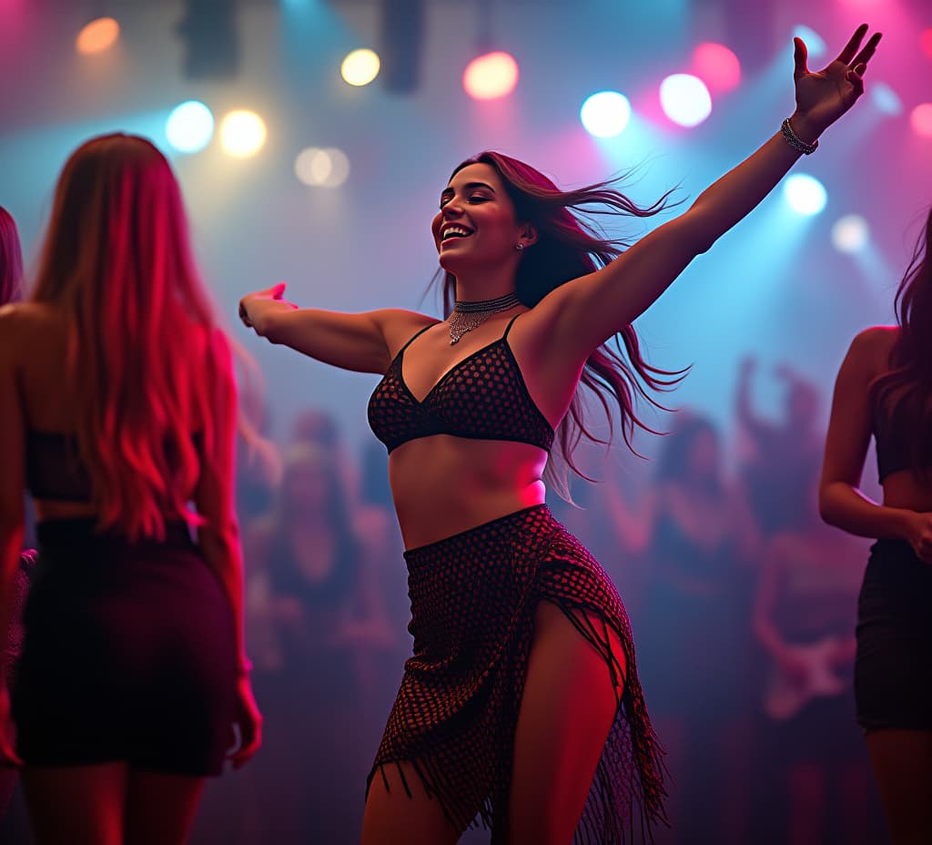  attractive woman dancing at music festival party., high quality, high details, hd, perfect composition, 4k epic detailed, highly detailed, sharp focus, high resolution