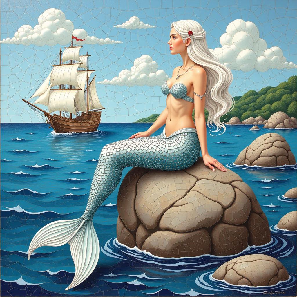  nautical themed mosaic a mermaid with white hair and a long silver tail sits on a stone protruding from the water on the sea coast art deco . sea, ocean, ships, maritime, beach, marine life, highly detailed