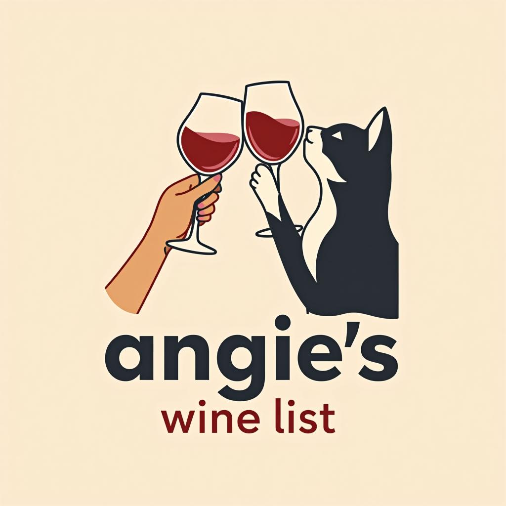  design a logo, a logo with a woman’s hand and a black and white cat’s paw toasting with wine glasses, with the text 'angie’s wine list'.