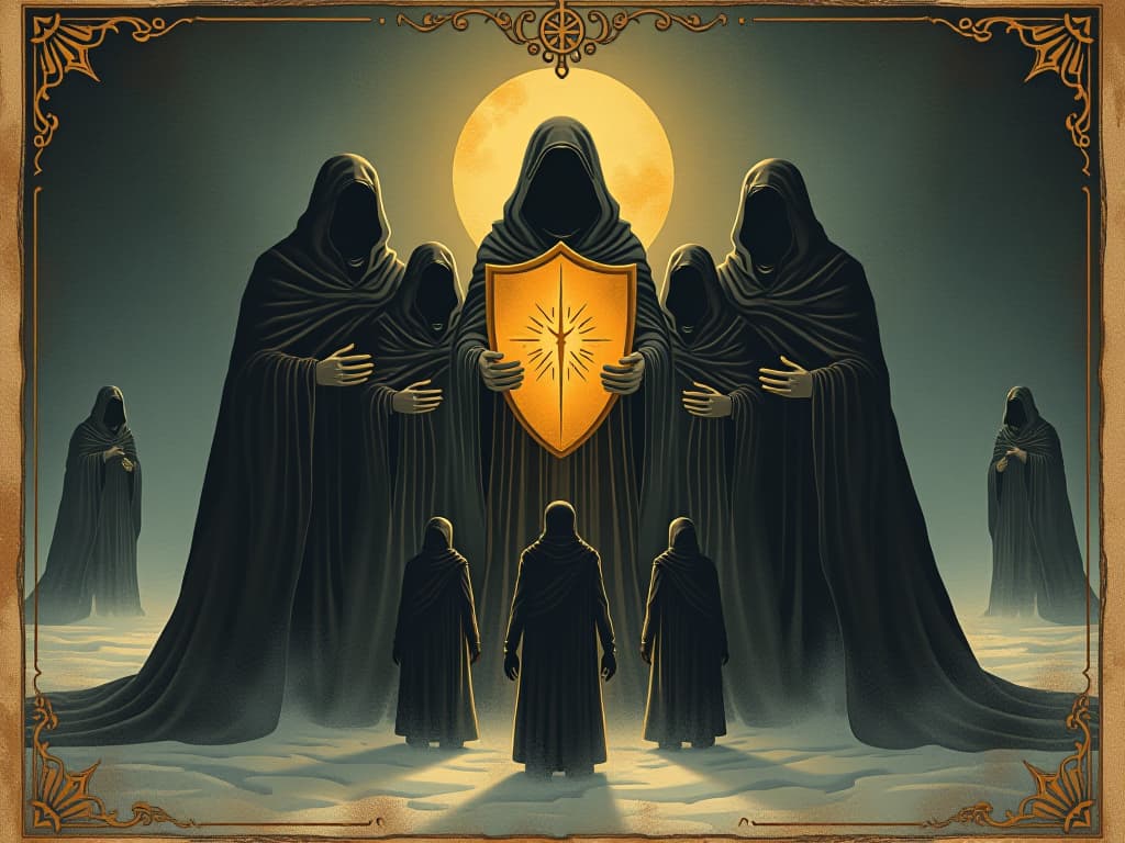  shield of warmth, group surrounded by cold isolation, contrast of light and dark, protecting each other. an illustration in the style of a worn, mystical old tarot trump card, mysterious and elements of surrealism. the colors are muted, somber and eerie, but with contrast bring out an occult and esoteric vibe.