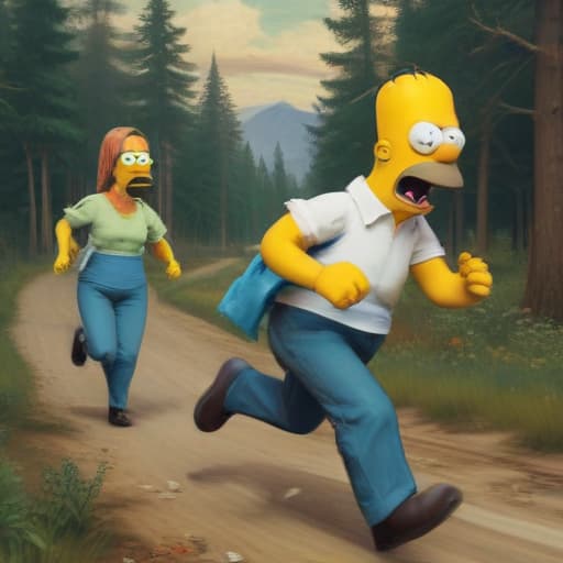 Homer Simpson running from Bart, Marge, and Lisa as zombies in Van Gogh style with Forests background