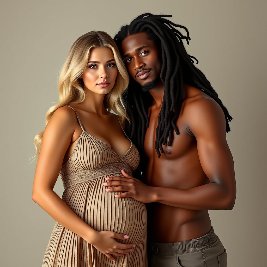  make an image of a blonde woman that is pregnant with fair skin and brown eyes with the dad who is light skinned with long dreads like a rasta