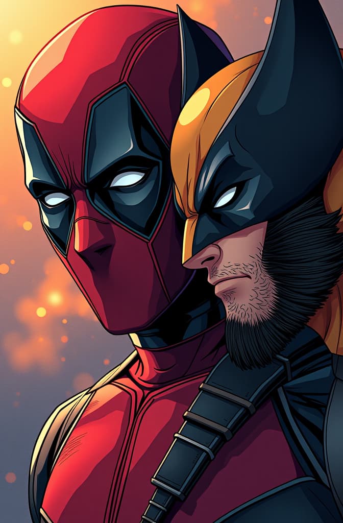  deadpool and wolverine, ilustracion personaje, hd, full color, anime, marvel comic panel, dc animated comic panel, comic panel, manga and manhwa style panel, portrait, young person face, style for marvel comic, anime comic panel style hyperrealistic, full body, detailed clothing, highly detailed, cinematic lighting, stunningly beautiful, intricate, sharp focus, f/1. 8, 85mm, (centered image composition), (professionally color graded), ((bright soft diffused light)), volumetric fog, trending on instagram, trending on tumblr, HDR 4K, 8K