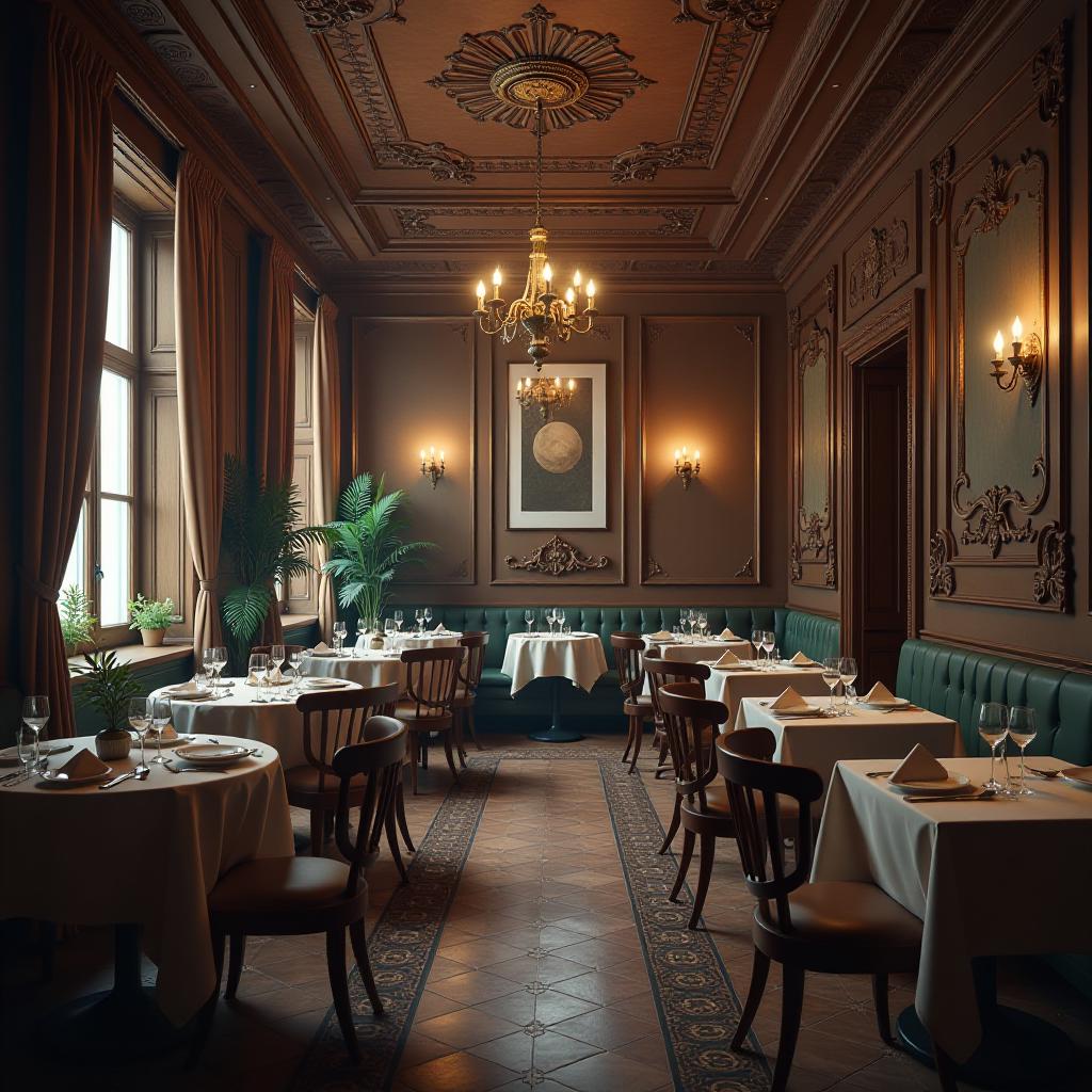  interior details of russian style in a restaurant. hyperrealistic, full body, detailed clothing, highly detailed, cinematic lighting, stunningly beautiful, intricate, sharp focus, f/1. 8, 85mm, (centered image composition), (professionally color graded), ((bright soft diffused light)), volumetric fog, trending on instagram, trending on tumblr, HDR 4K, 8K