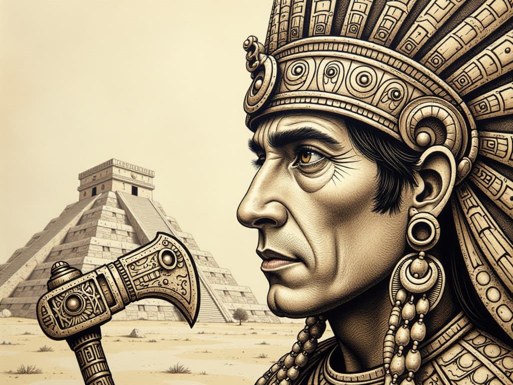  zentangle masterpiece, ink and pen drawing, old photo style, fragment of portrait of aztec chief, macro plan, eyes looking at observer and part of face with tomahawk (looking at viewer, close up). background de alized aztec calendar, aztec pyramids in the distance. brown and beige monochrome color scheme. high detail, high resolution. . intricate, abstract, monochrome, patterns, meditative, highly detailed