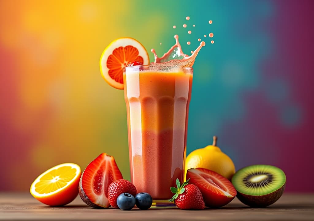  fruits with slices and juice splash in rainbow colors flying smoothie