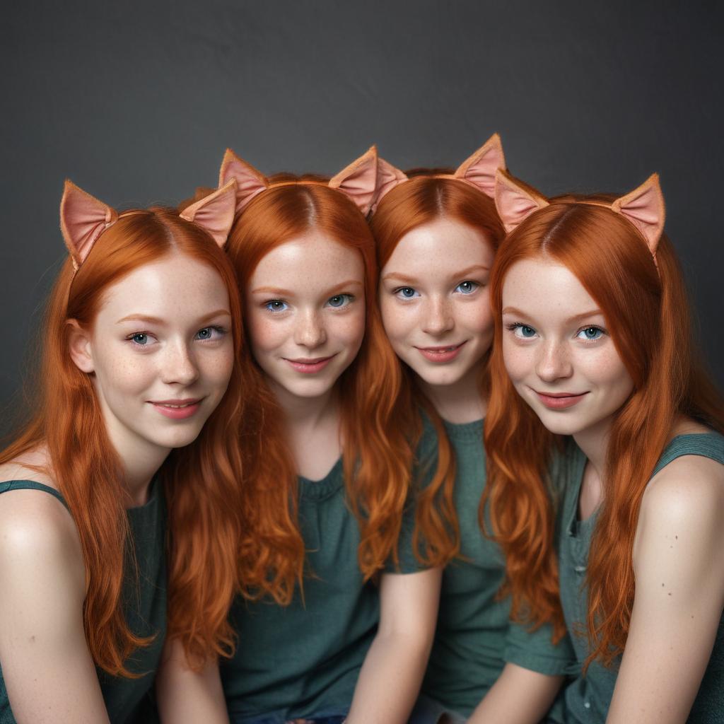 three young ginger sisters with cat ears