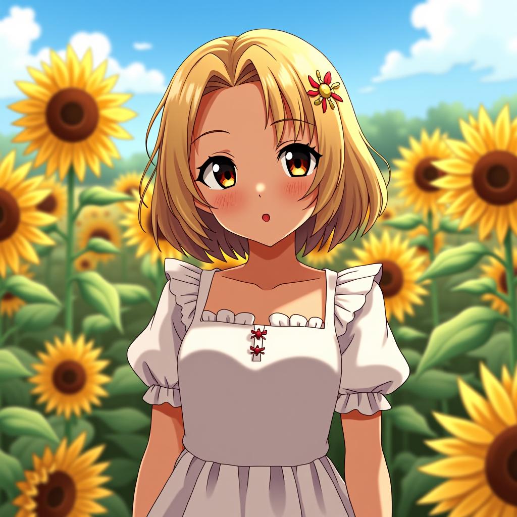  make an image of a blonde haired woman with brown eyes and tan olive skin wearing red lipstick in a field of sunflowers wearing a white milkmaid dress, anime artwork, anime style, key visual, vibrant, studio anime, highly detailed