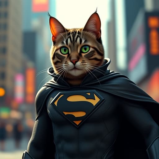  in a bustling cityscape, hemule, the anthro tabby cat, dons a sleek all black superhero outfit reminiscent of henry cavill's superman. his striking green eyes exude charisma and toughness as he navigates the financial district, embodying rebellious charm. the scene is vibrant and detailed, resembling a comic book with a dynamic, cartoonish style. hyperrealistic, full body, detailed clothing, highly detailed, cinematic lighting, stunningly beautiful, intricate, sharp focus, f/1. 8, 85mm, (centered image composition), (professionally color graded), ((bright soft diffused light)), volumetric fog, trending on instagram, trending on tumblr, HDR 4K, 8K