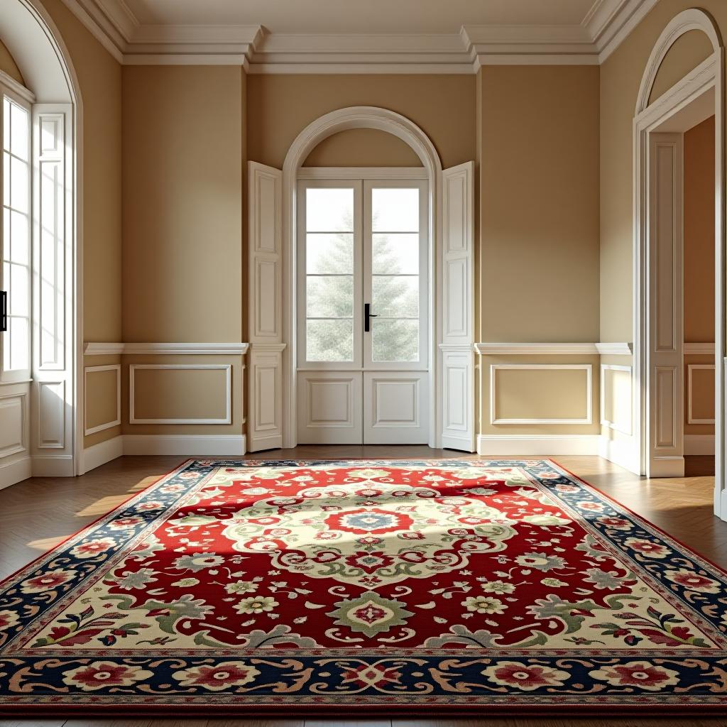  in the bright room, there is a beautiful carpet with a red, green, and blue pattern.