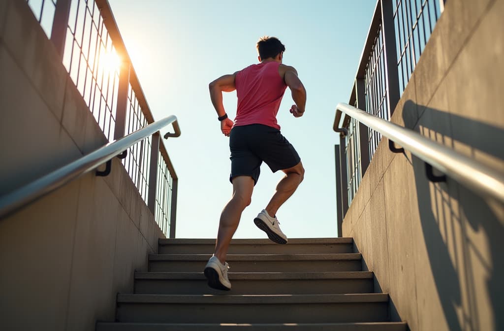  head up and aim high. low angle shot of a sporty young man running up a staircase while exercising outdoors. ar 3:2 {prompt}, maximum details