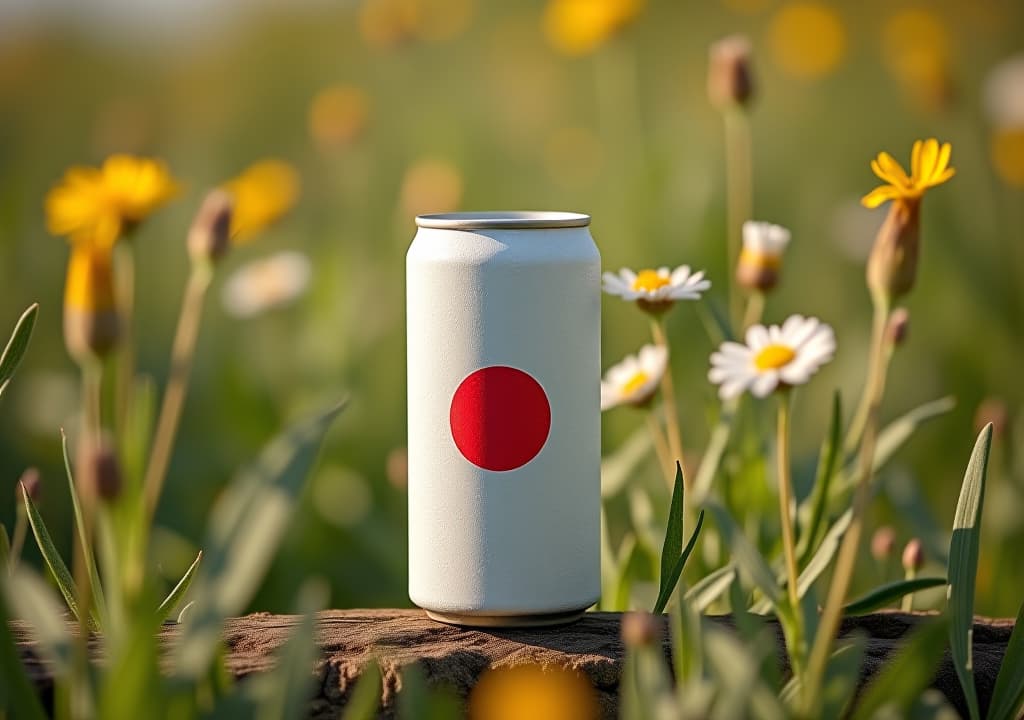  white soda can mockup placed in a natural setting with wildflowers