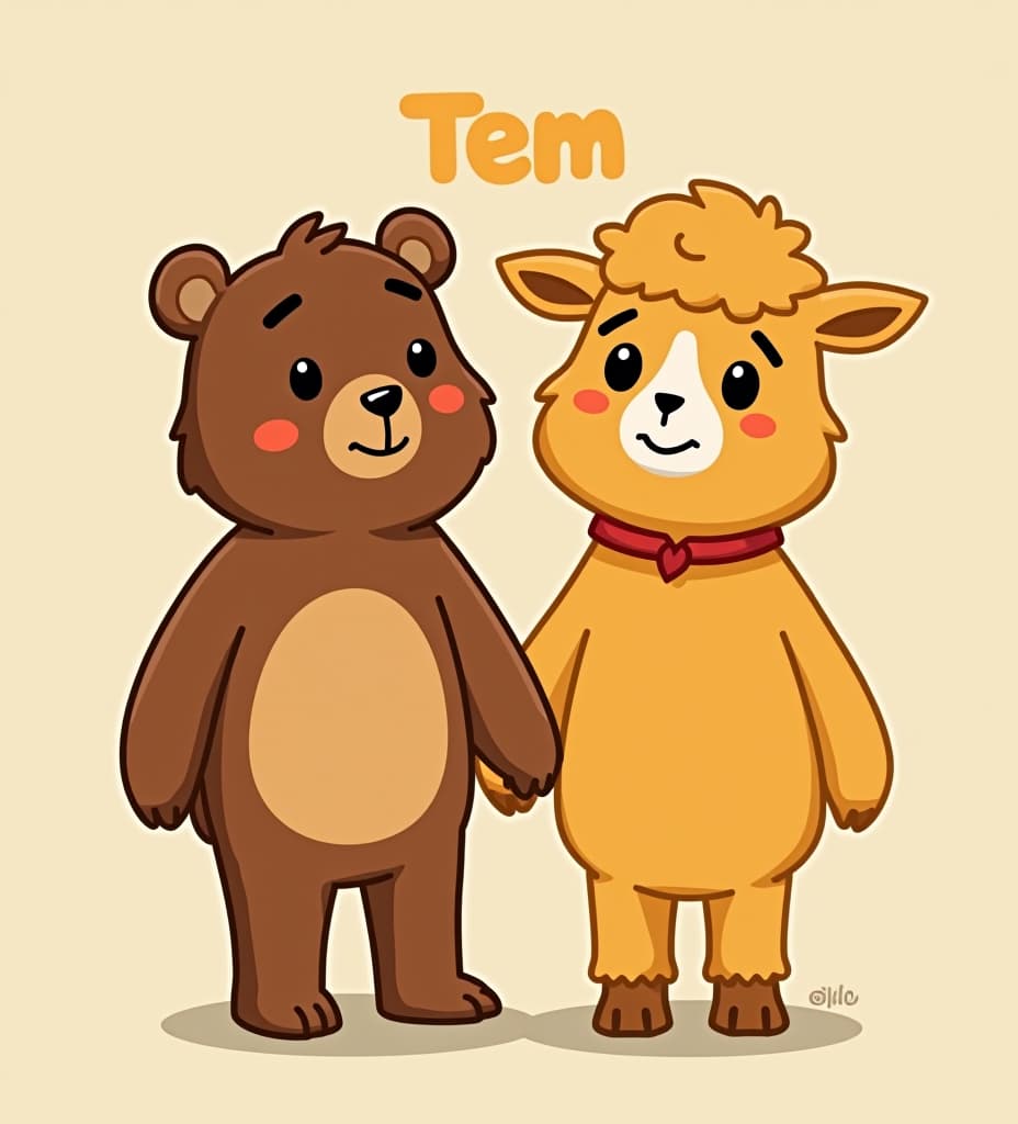  can you draw tem and riz holding hands. these are characters from the show beasters. riz is a bear and tem is an alpaca.