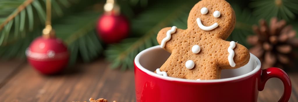  christmas gingerbread man cookie in red cup. christmas card ar 3:1 {prompt}, maximum details