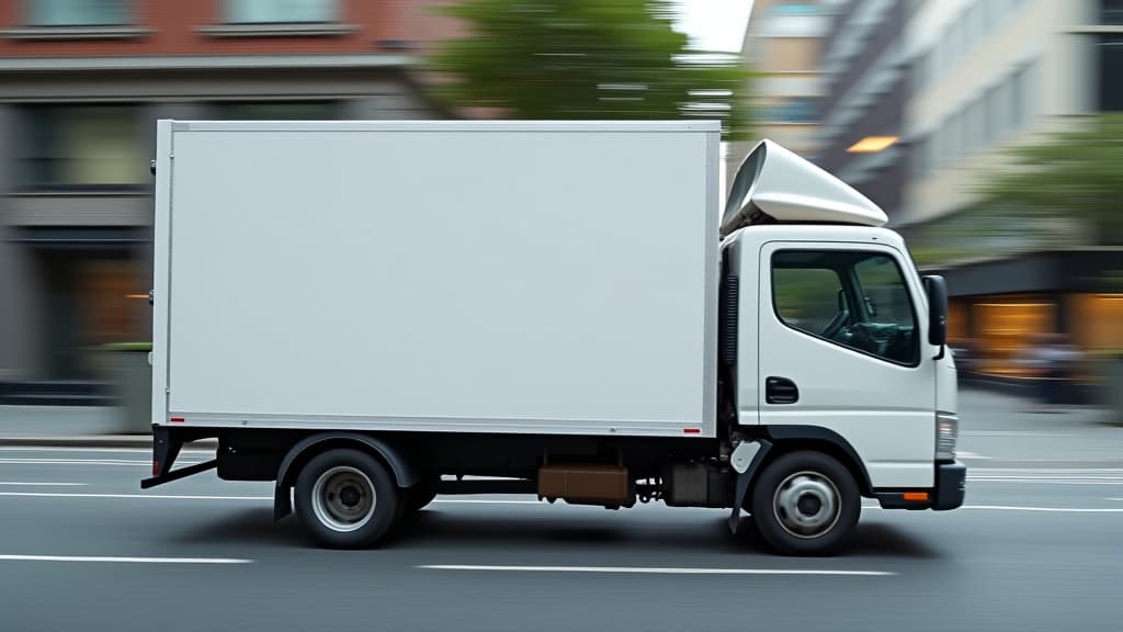  empty blank white mockup on the small truck vehicle driving through the city street, template for advertisement. commercial business transport delivery cargo, side view