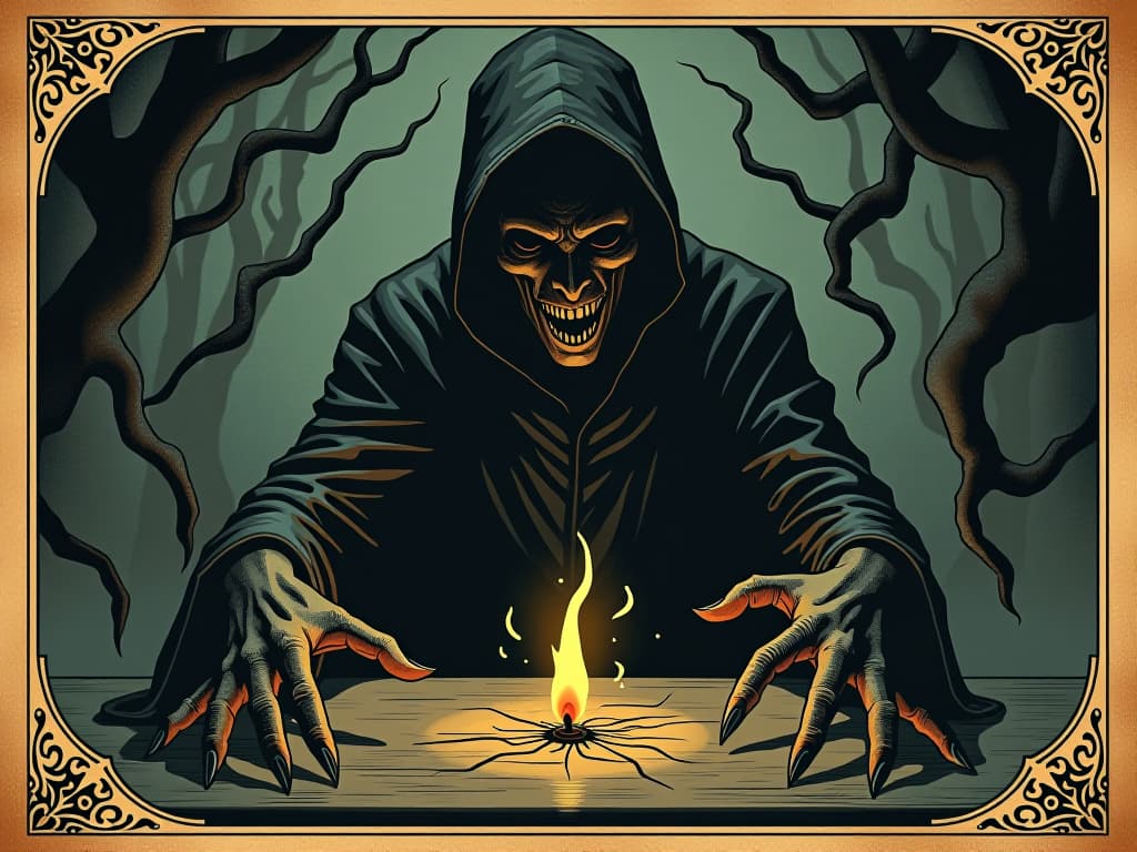  a dark figure setting traps in the shadows, malicious intent, cunning, sense of desperation. an illustration in the style of a worn, mystical old tarot trump card, mysterious and elements of surrealism. the colors are muted, somber and eerie, but with contrast bring out an occult and esoteric vibe.