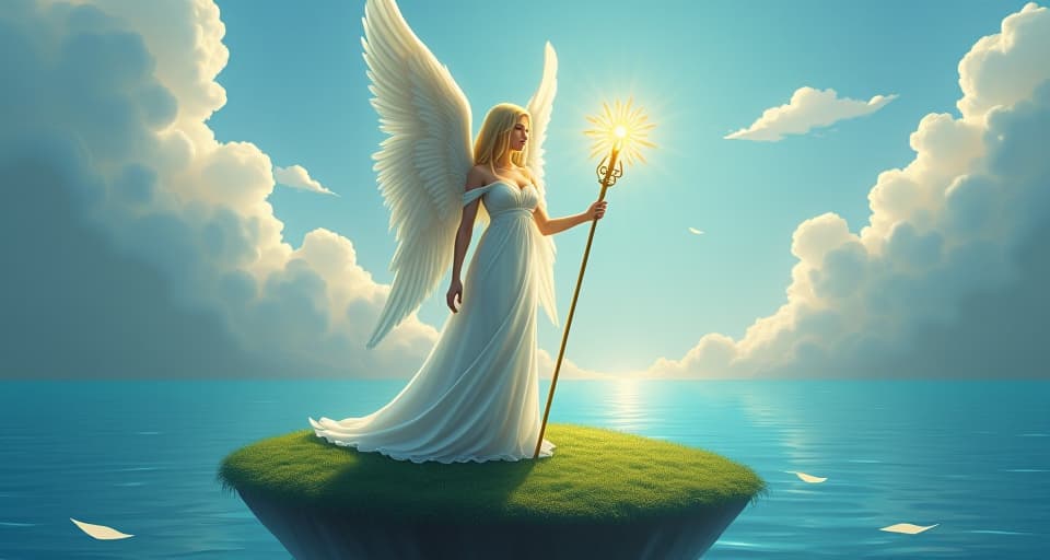  seraphic being in translucent, radiant attire, standing on a floating island overlooking a shimmering sea. she holds a glowing staff that emits light. divine, grounding, powerful.. the style is digital art illustration,highly detailed, whimsical,magical, dreamlike atmosphere, realism and fantasy blend, smooth, glossy textures,luminous quality, wonder and enchantment.