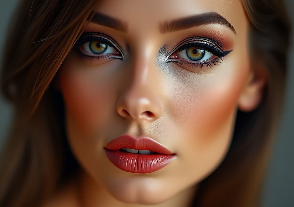  glamorous closeup portrait of woman with flawless skin and artistic makeup, showcasing elegance and sensuality