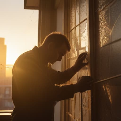 A photo of a skilled window technician repairing a broken window pane in a high-rise urban building late in the afternoon with warm, golden-hour sunlight streaming through the dusty, shattered glass, casting intricate patterns on the technician's tools and hands.