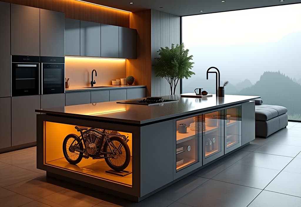  a landscape photo of a kitchen island that transforms into a dining table, with mechanical parts visible through glass panels, surrounded by sleek, modern appliances hyperrealistic, full body, detailed clothing, highly detailed, cinematic lighting, stunningly beautiful, intricate, sharp focus, f/1. 8, 85mm, (centered image composition), (professionally color graded), ((bright soft diffused light)), volumetric fog, trending on instagram, trending on tumblr, HDR 4K, 8K