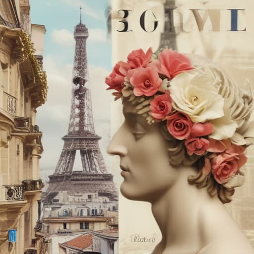 Book cover of book entitled LUDOVIC (in a vogue type font at top of page) a romance novel cult book cover aesthetic, with a collage below the title LUDOVIC featuring : a bacchus head like a Roman statue, a champagne glass, keith baring flower head drawing, and an Eiffel Tower in Mythological style with City background