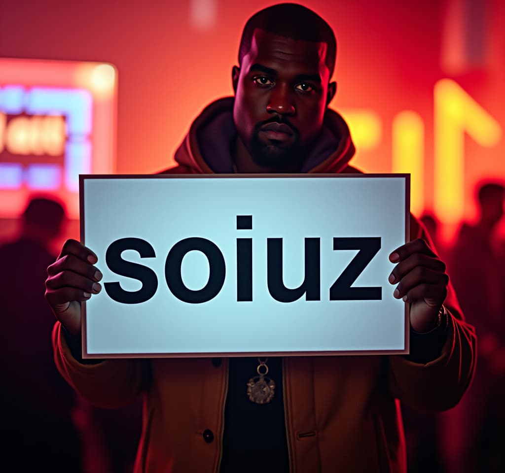  kanye west holding a sign with "soiuz" text hyperrealistic, full body, detailed clothing, highly detailed, cinematic lighting, stunningly beautiful, intricate, sharp focus, f/1. 8, 85mm, (centered image composition), (professionally color graded), ((bright soft diffused light)), volumetric fog, trending on instagram, trending on tumblr, HDR 4K, 8K