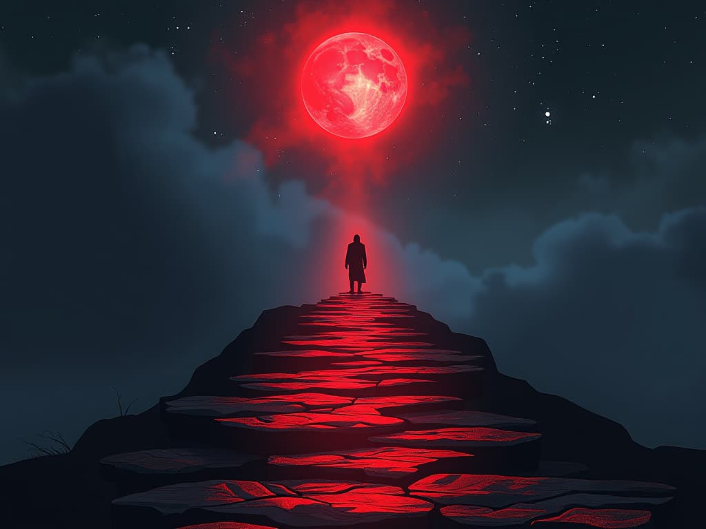  star lit path, shining steps, leading figure in red, boundless horizon ahead, sense of freedom and illumination. the style is digital art illustration / modern comic book / graphic dark novel fantasy and mysterious occult, symbolic, moody lighting, esoteric vibe,high detail on character design. for the color scheme emphasize blacks and reds.