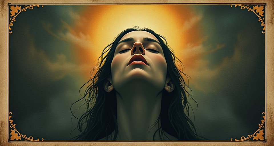  a radiant aura surrounding a focused figure, eyes closed in concentration, sensitive, perceptive, serene. an illustration in the style of a worn, mystical old tarot trump card, mysterious and elements of surrealism. the colors are muted, somber and eerie, but with contrast bring out an occult and esoteric vibe.