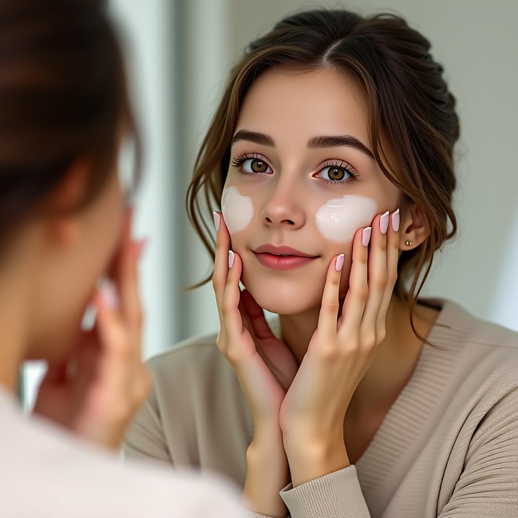  a slavic girl is applying japanese facial serum to her face in front of the mirror.