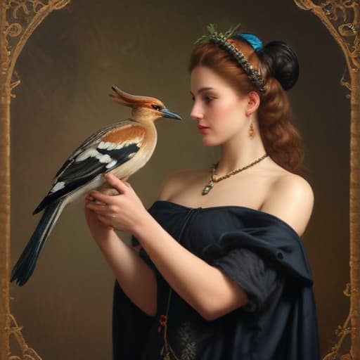 medieval woman holding a hoopoe, art deco, classic oil