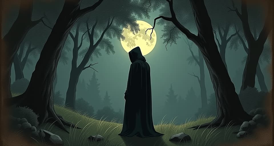  cloaked watcher standing in a dark forest, moonlight filtering through dense leaves, shadows elongated, air heavy with an eerie stillness. an illustration in the style of a worn, mystical old tarot trump card, mysterious and elements of surrealism. the colors are muted, somber and eerie, but with contrast bring out an occult and esoteric vibe.