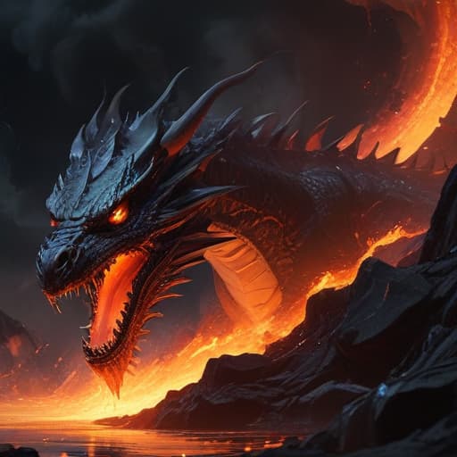 In a dark, ethereal realm, a majestic dragon with obsidian scales and burning crimson eyes rises from a pool of molten lava. Its wings, shimmering with iridescent flames, stretch out majestically as it breathes swirling tendrils of black fire. The dragon's body crackles with chaotic energy, radiating power and strength. In the background, a swirling vortex of shadows and light surrounds the dragon, creating an aura of ultimate destruction and chaos. fantastical creatures or characters inspired by mythology, folklore, or popular culture. use vibrant colors, sharp lines, intricate details, dynamic poses, dramatic lighting, atmospheric backgrounds, and blend anime, manga, and Western comic influences.