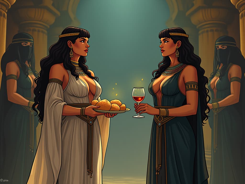  two large busted women, one in a sheer gown, the other in a tight fitting dress, offering bread and wine to the disguised gods, warm expressions, aura of selfless generosity. the style is digital art illustration / modern comic book / mysterious occult, symbolic, esoteric vibe,high detail on character design, incorporating ancient egyptian symbology and attire.