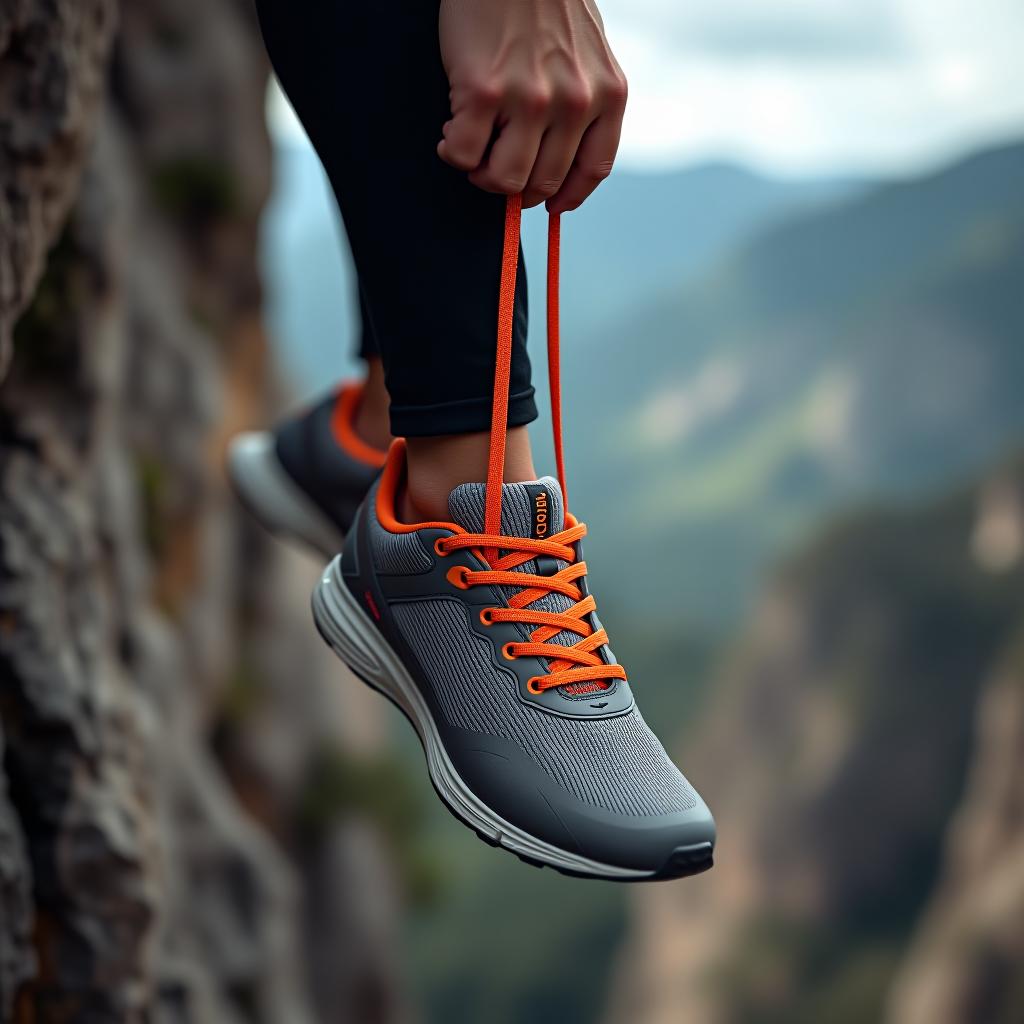  a person is hanging over a cliff, holding onto a shoelace with one hand; a close up photo advertising strong shoelaces.