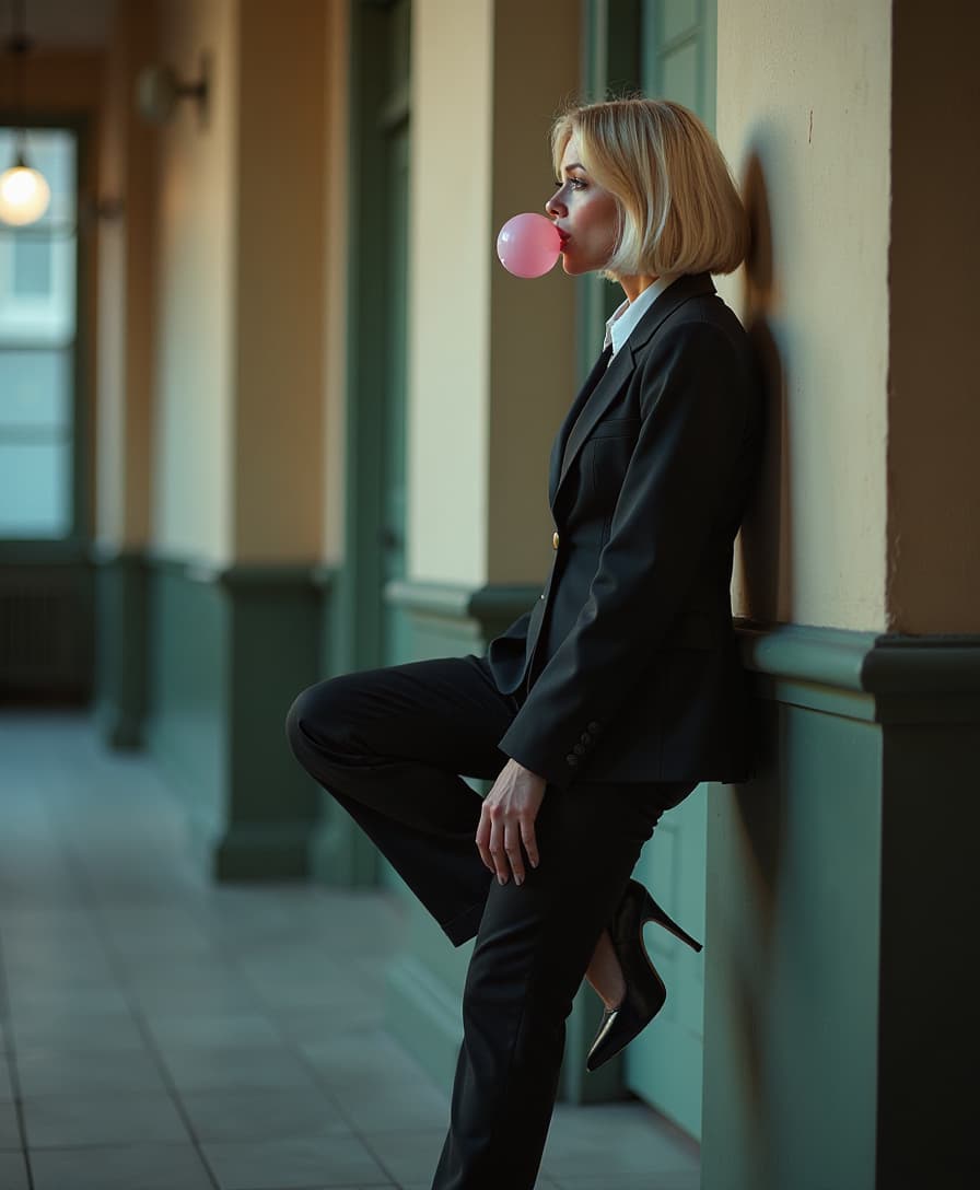  cinematic photo a blonde woman with bob hair leans the wall with one high up leg. she chewing a bubblegum and making a bubble. she wears in suit with high heels. full body, side view, fashoin photoshoot. . 35mm photograph, film, bokeh, professional, 4k, highly detailed