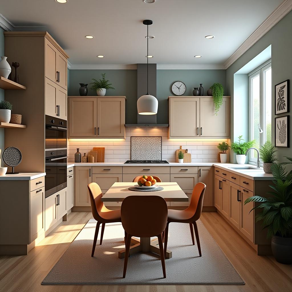  this image features a medium sized kitchen, captured in an unedited 8k photograph that boasts a hyperrealistic and highly detailed appearance. the kitchen is professionally color graded with an analogous color scheme and showcases furniture in a triadic color palette, complemented by dense furnishings and decorations. the photo, taken with sharp focus and hdr, exhibits symmetrical balance and is illuminated by bright, soft, diffused light. the intricate details are stunningly beautiful, achieving a professionally polished look through in frame, hyperrealistic visuals.