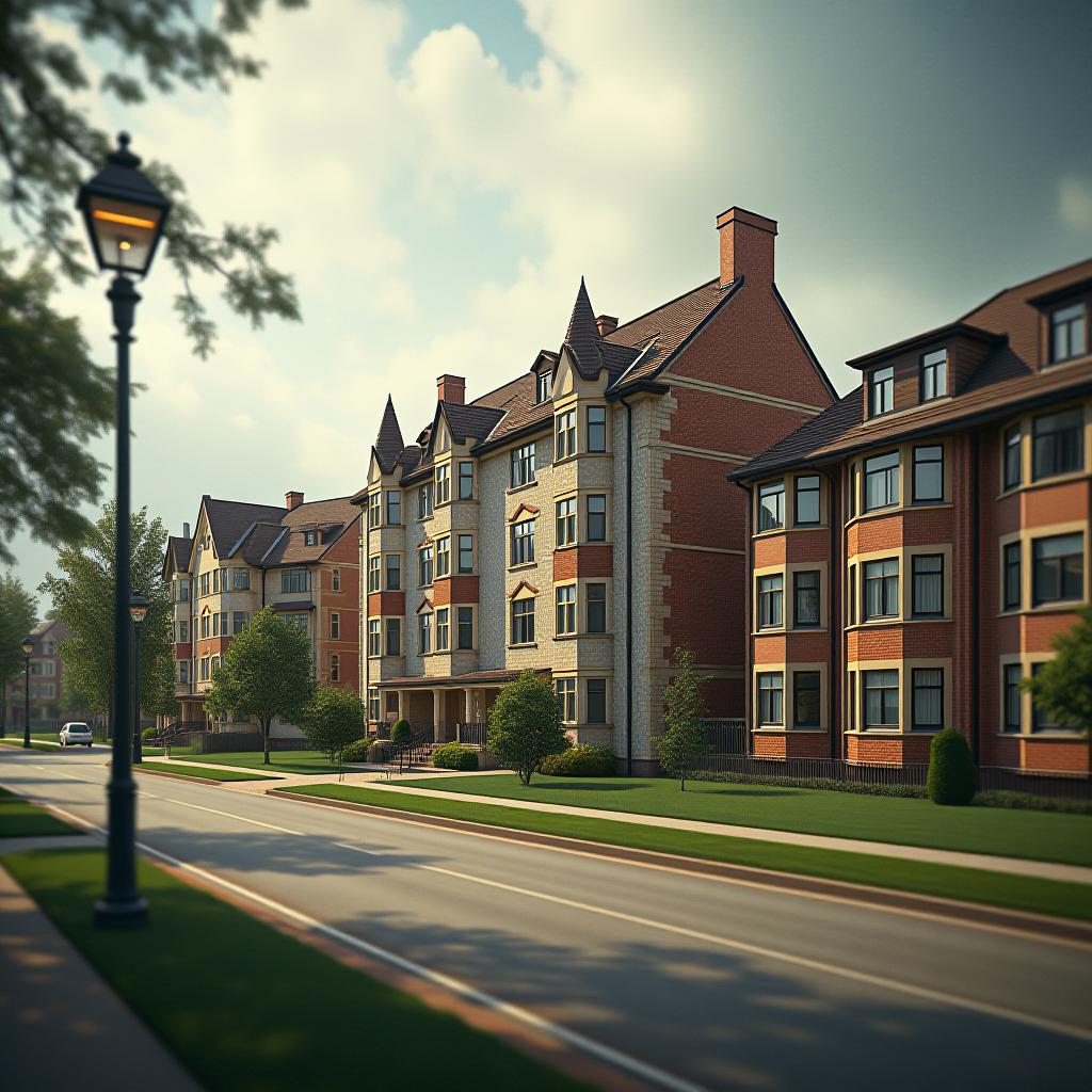  cinematic photo architecture. residential complex. two storey and three storey apartment buildings. a mixture of gothic and art deco styles. lawns, sidewalks, roadway . 35mm photograph, film, bokeh, professional, 4k, highly detailed