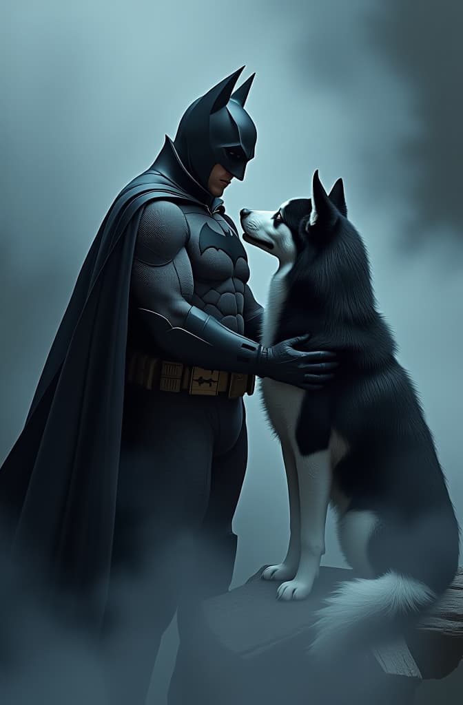  batman petting a black and white siberian husky hyperrealistic, full body, detailed clothing, highly detailed, cinematic lighting, stunningly beautiful, intricate, sharp focus, f/1. 8, 85mm, (centered image composition), (professionally color graded), ((bright soft diffused light)), volumetric fog, trending on instagram, trending on tumblr, HDR 4K, 8K