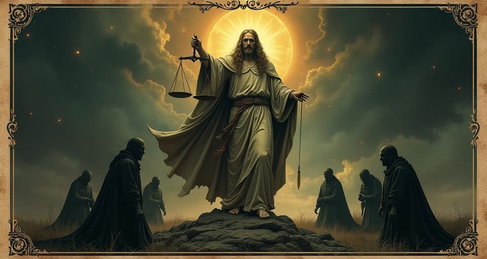  a god like figure with an aura of light, holding a scale, defeated shadowy figures at their feet, divine justice, triumphant, authoritative. an illustration in the style of a worn, mystical old tarot trump card, mysterious and elements of surrealism. the colors are muted, somber and eerie, but with contrast bring out an occult and esoteric vibe.