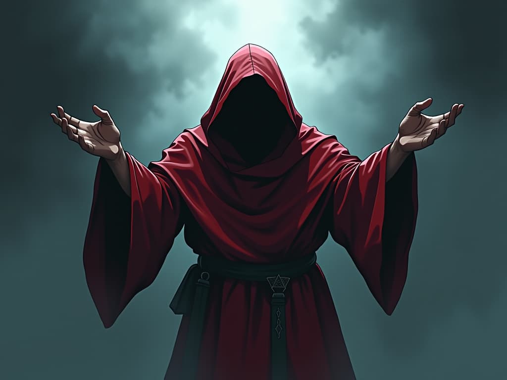  man in red robes, hands reaching out but unable to grasp, surrounded by fog, aura of helplessness and frustration. the style is digital art illustration / modern comic book / graphic dark novel fantasy and mysterious occult, symbolic, moody lighting, esoteric vibe,high detail on character design. for the color scheme emphasize blacks and reds.