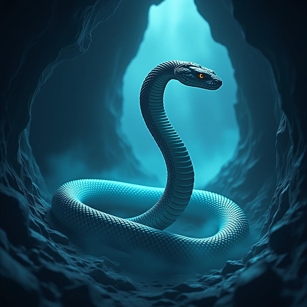  anime artwork beautiful silver blue green snake in dark cave . anime style, key visual, vibrant, studio anime, highly detailed hyperrealistic, full body, detailed clothing, highly detailed, cinematic lighting, stunningly beautiful, intricate, sharp focus, f/1. 8, 85mm, (centered image composition), (professionally color graded), ((bright soft diffused light)), volumetric fog, trending on instagram, trending on tumblr, HDR 4K, 8K