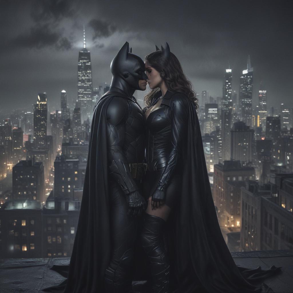 ((masterpiece)),(((best quality))), 8k, high detailed, ultra detailed, Cat Woman kissing Batman, Gotham City skyline in the background, dark and moody atmosphere, realistic portrayal hyperrealistic, full body, detailed clothing, highly detailed, cinematic lighting, stunningly beautiful, intricate, sharp focus, f/1. 8, 85mm, (centered image composition), (professionally color graded), ((bright soft diffused light)), volumetric fog, trending on instagram, trending on tumblr, HDR 4K, 8K