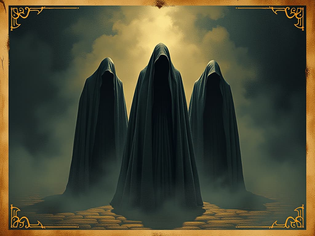  shrouded figures shifting uncomfortably, dim light casting elongated shadows, palpable sense of unease. an illustration in the style of a worn, mystical old tarot trump card, mysterious and elements of surrealism. the colors are muted, somber and eerie, but with contrast bring out an occult and esoteric vibe.