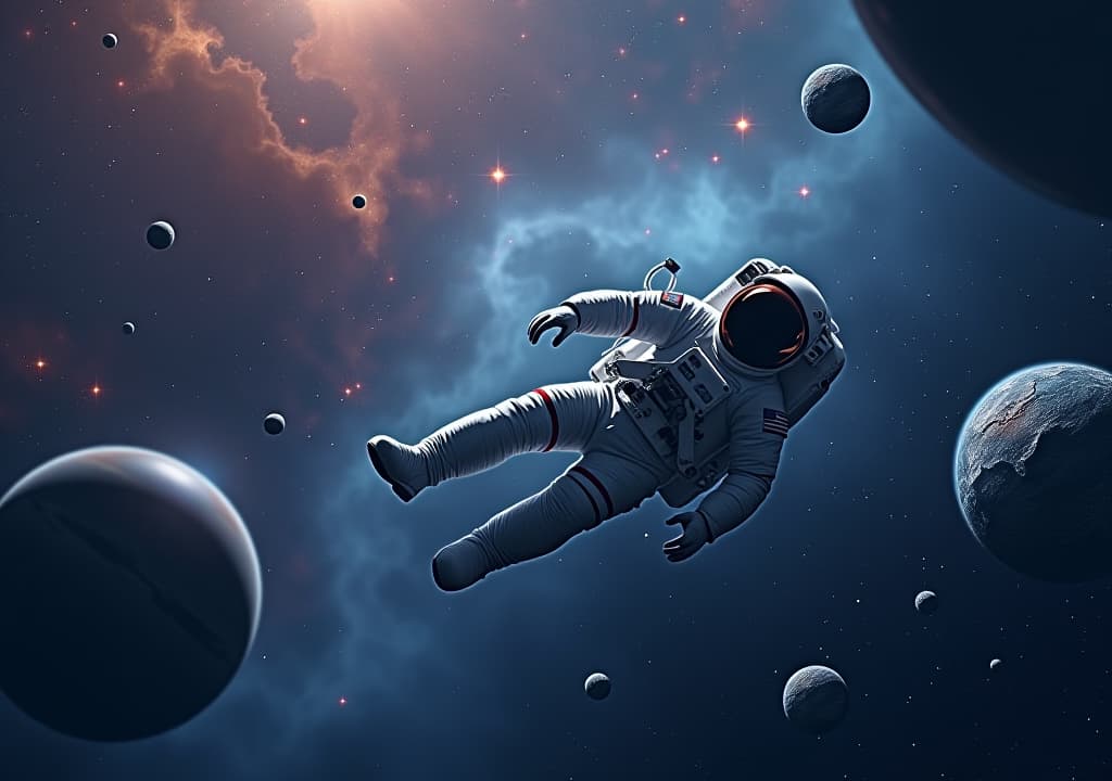  astronaut floating in weightlessness of space surrounded by stars and planets realistic uhd illustration